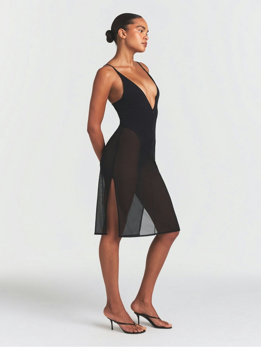 SKIMS Body Mesh Plunge Midi Dress Onyx Black Size Large NWT